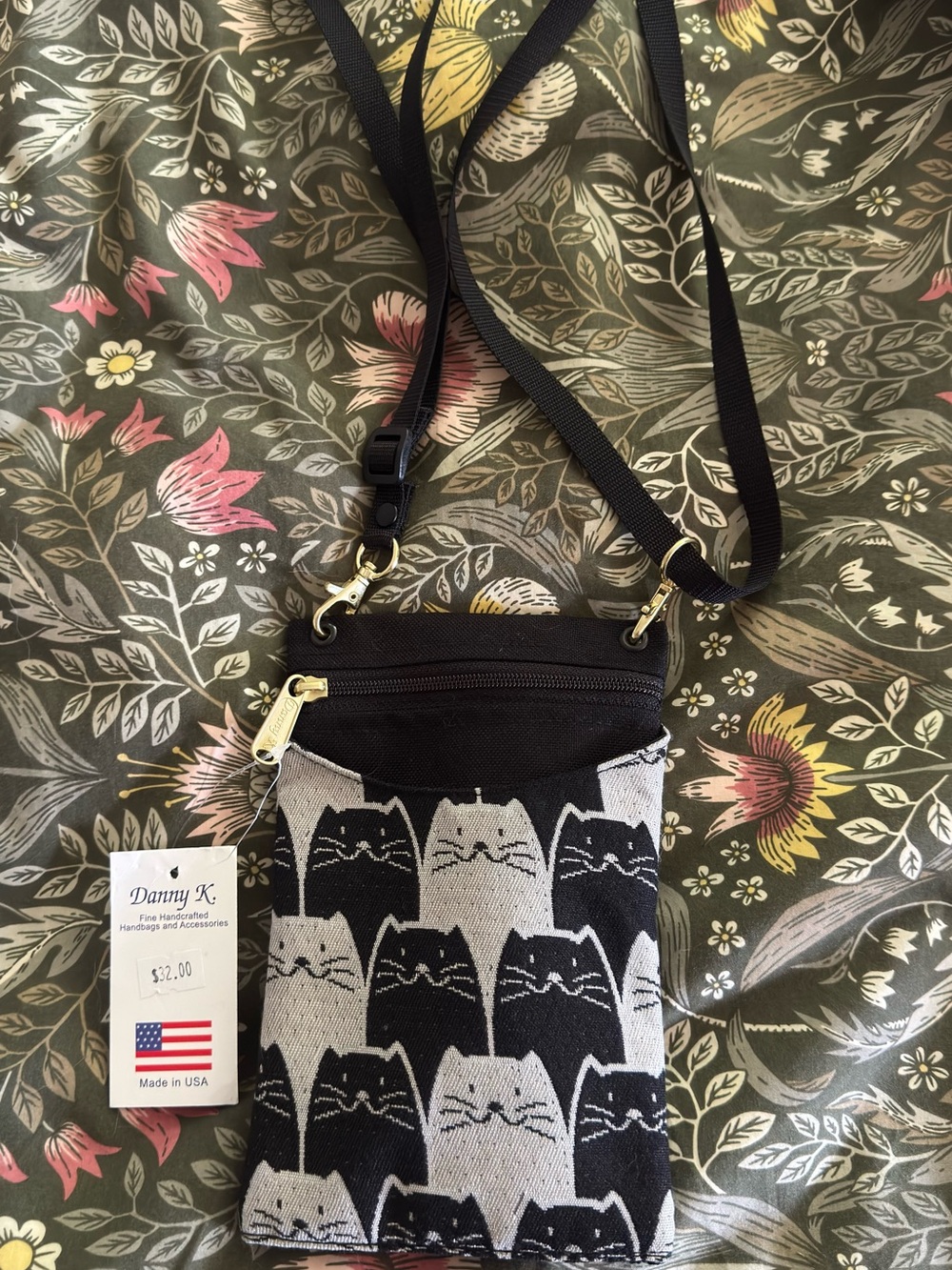Danny K. Black & Cream Cat Pattern Crossbody Purse